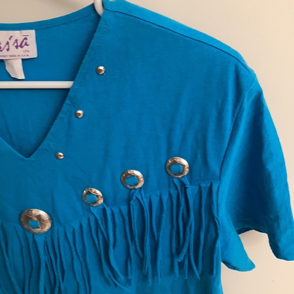 Saśsā LTD Short Sleeve Turquoise Top With Fringe/Conchos Sz M/L Made in the USA - Picture 3 of 6